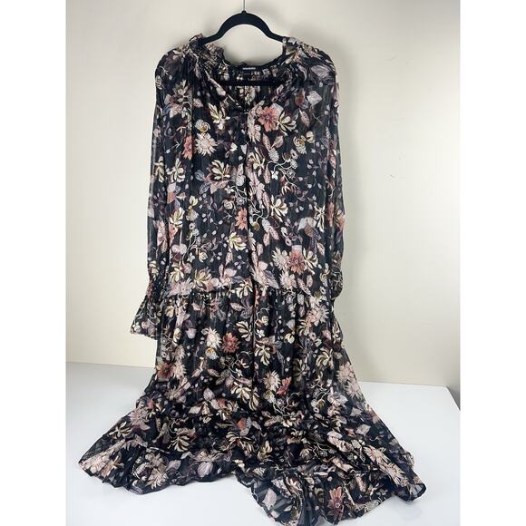 Sabina Musayev Geneva Floral Dress Sheer Metallic Black Sheer Long Sleeve Sz XS - Picture 13 of 15